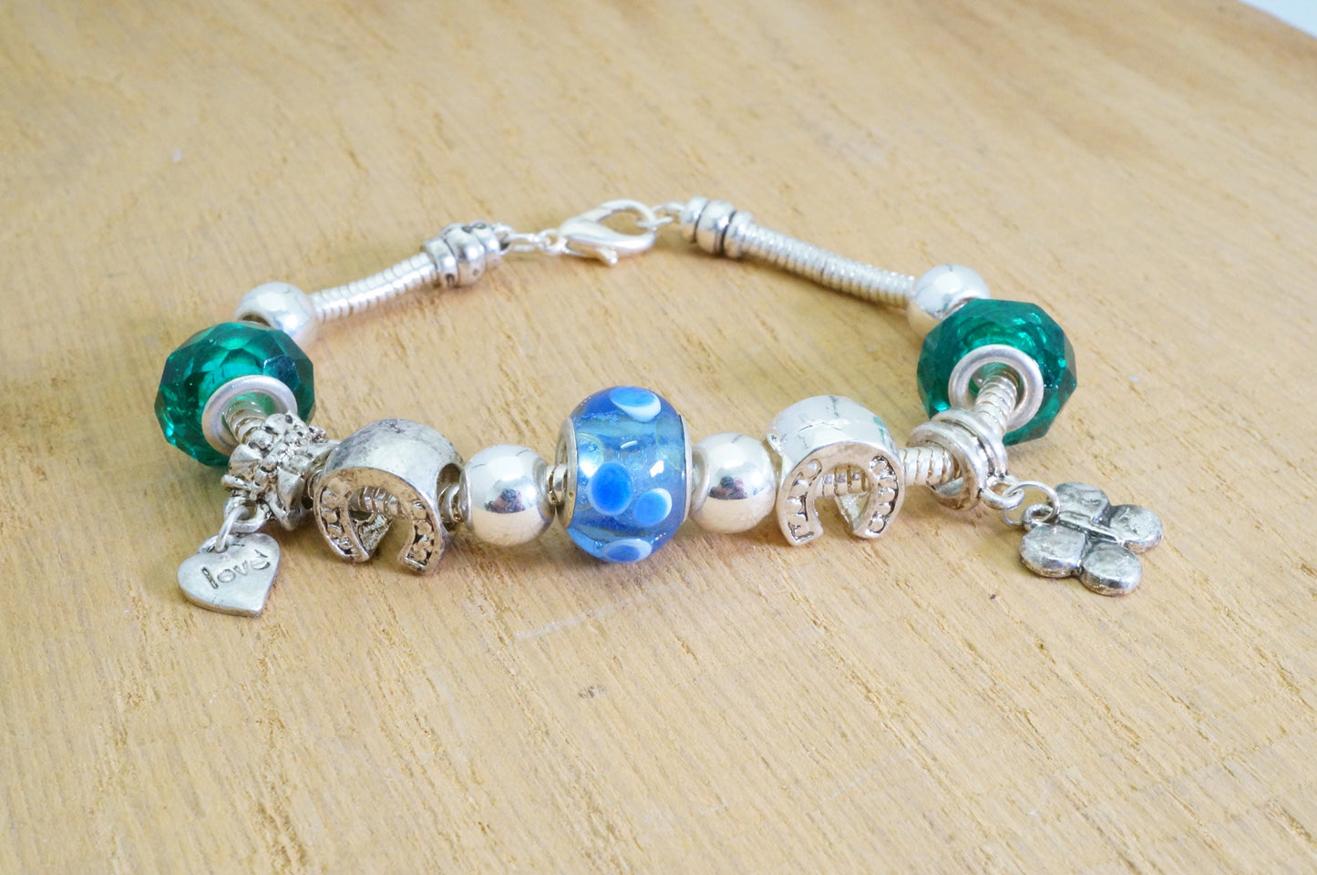 Faux Beaded Multi Charms Silver Toned Bracelet Fashion Jewelry