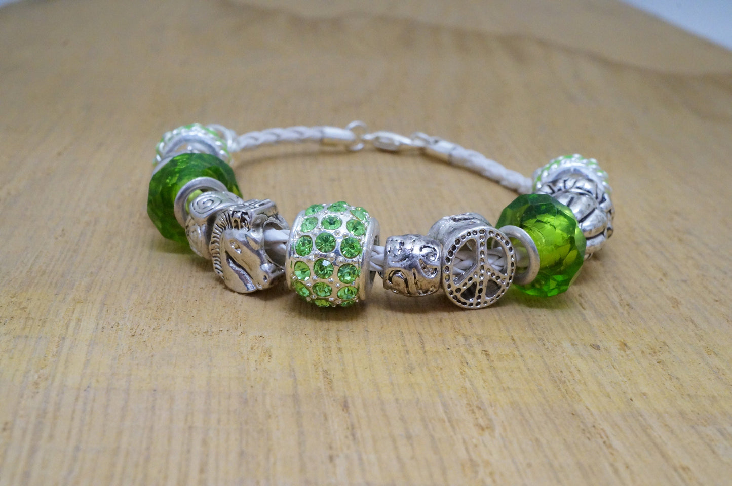 Faux Beaded Multi Silver Toned Charms Faux Braided Leather Bracelet Fashion Jewelry