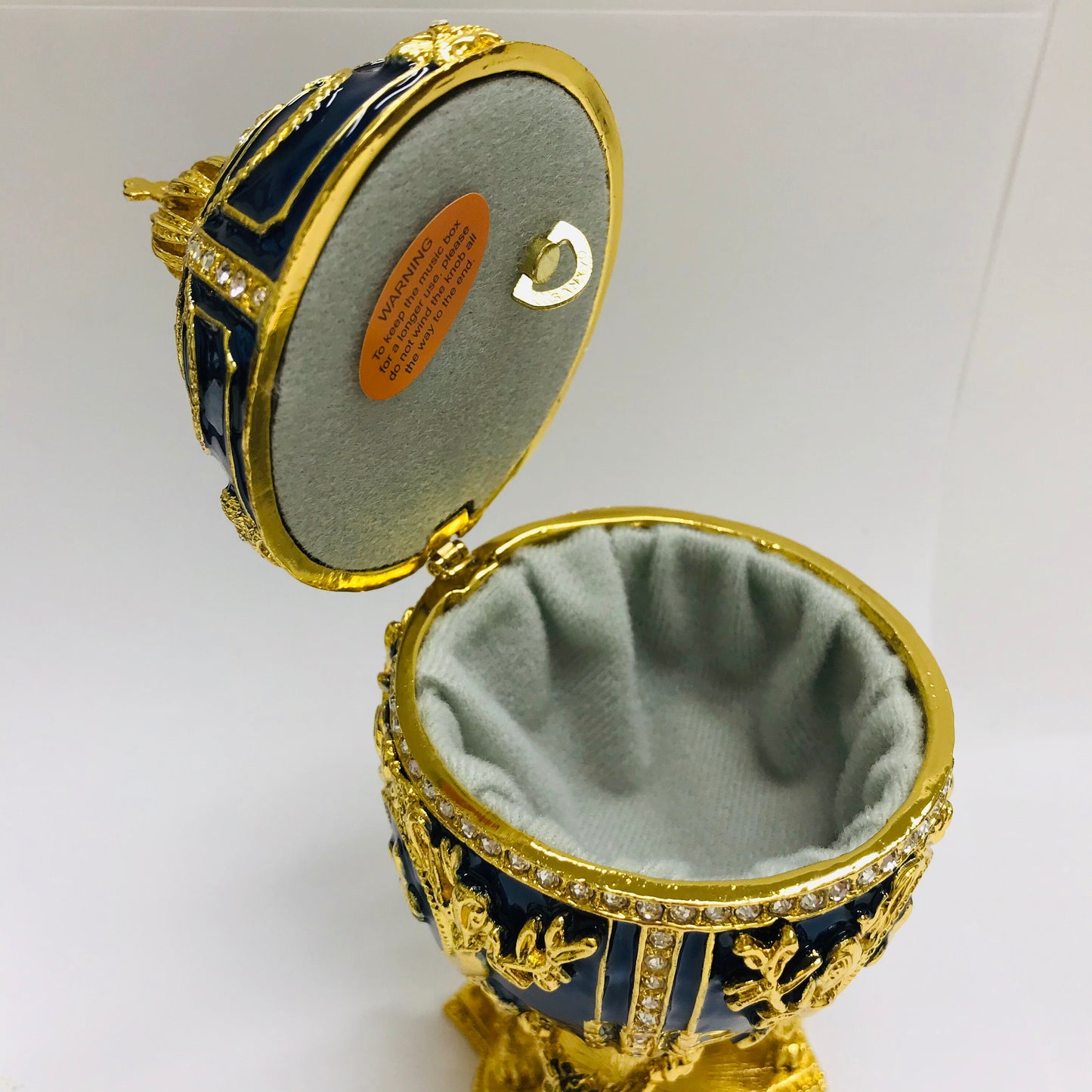Cristiani Collezione Large Blue Gold Lion Musical Egg Trinket Box 14K Gold Plated