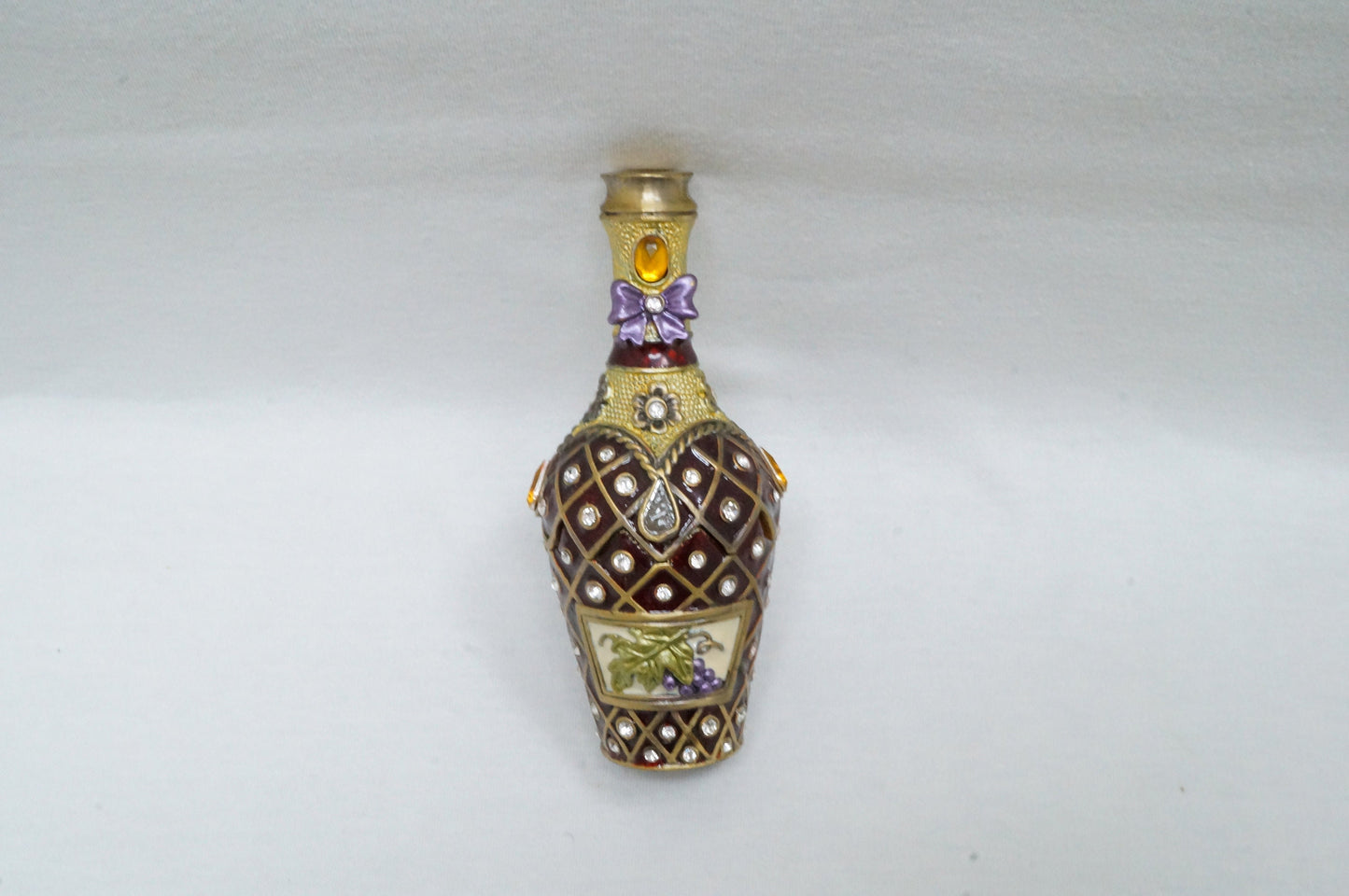 Vintage Large Wine Bottle Trinket Box Pewter Enameled Jeweled 14K Gold Plated