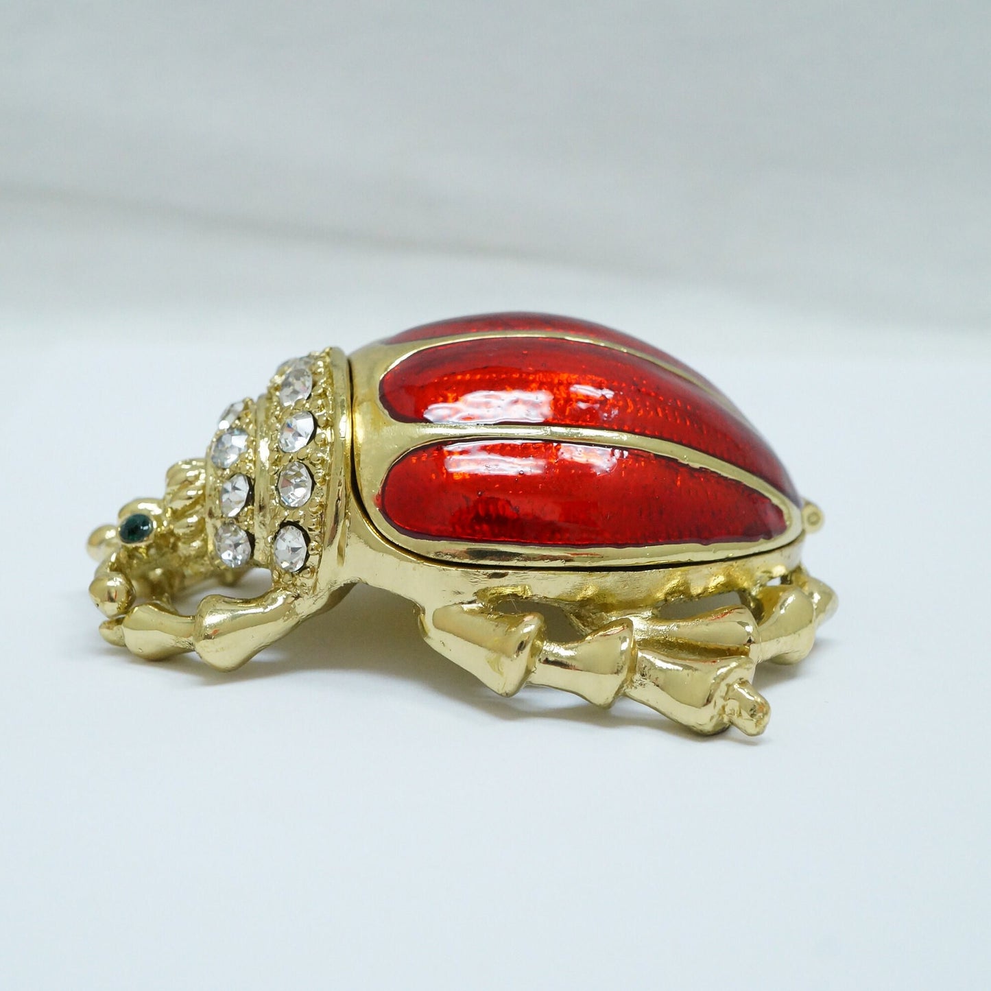 Cristiani Collezione Gold tone Red Beetle Bug with White Green Crystal Jeweled Pewter Trinket 14K Gold Plated