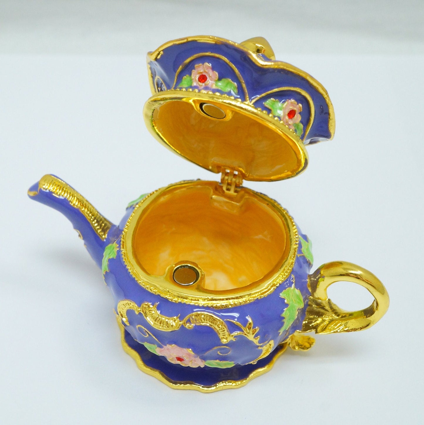 Cristiani Collezione Purple Gold Floral Design Jeweled Pewter Teapot Trinket 14K Gold Plated