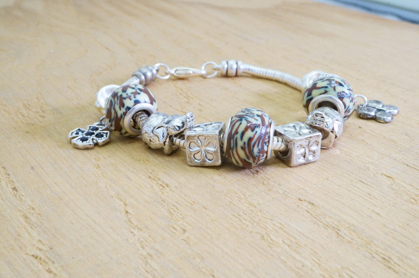 Faux Beaded Multi Charms Silver Toned Bracelet