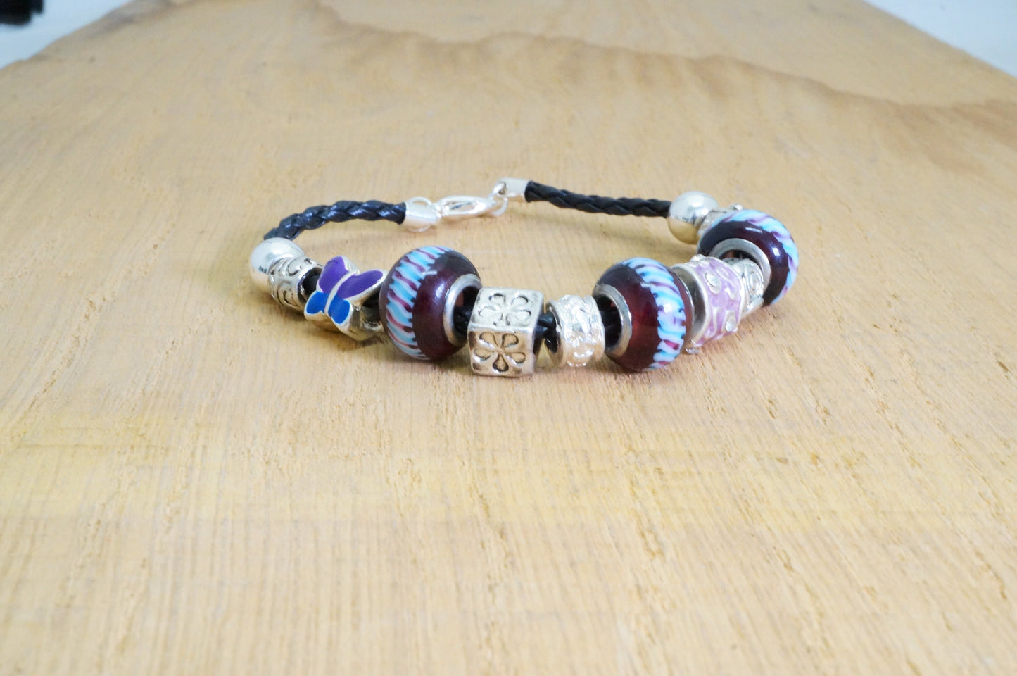 Faux Beaded Multi Silver Toned Charms Faux Braided Leather Bracelet Fashion Jewelry