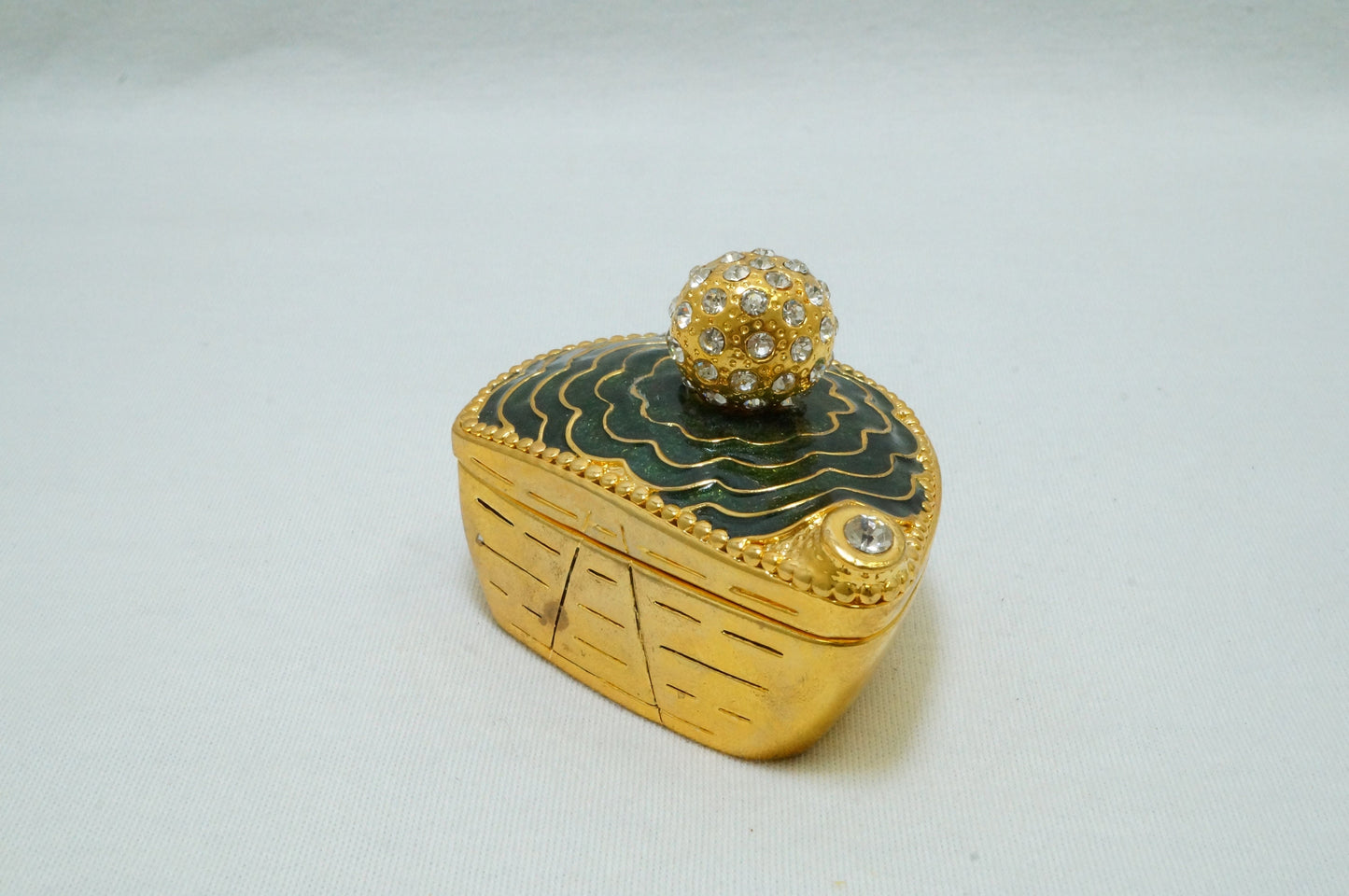 Vintage Golf Clubhead Pattern Gold Green Trinket Box Pewter Enameled Jeweled 14K Gold Plated