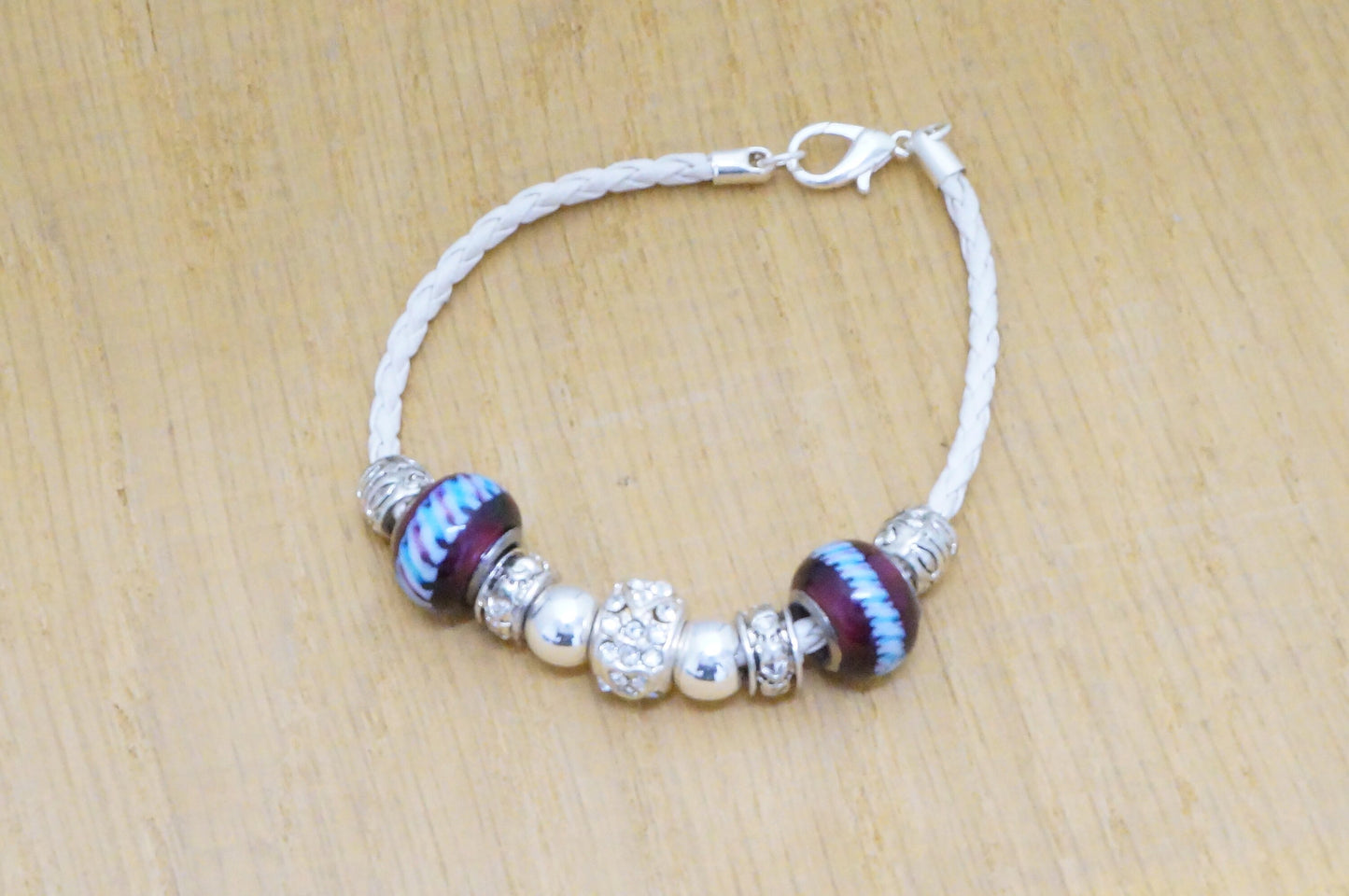 Faux Beaded Multi Silver Toned Charms Faux Braided Leather Bracelet Fashion Jewelry