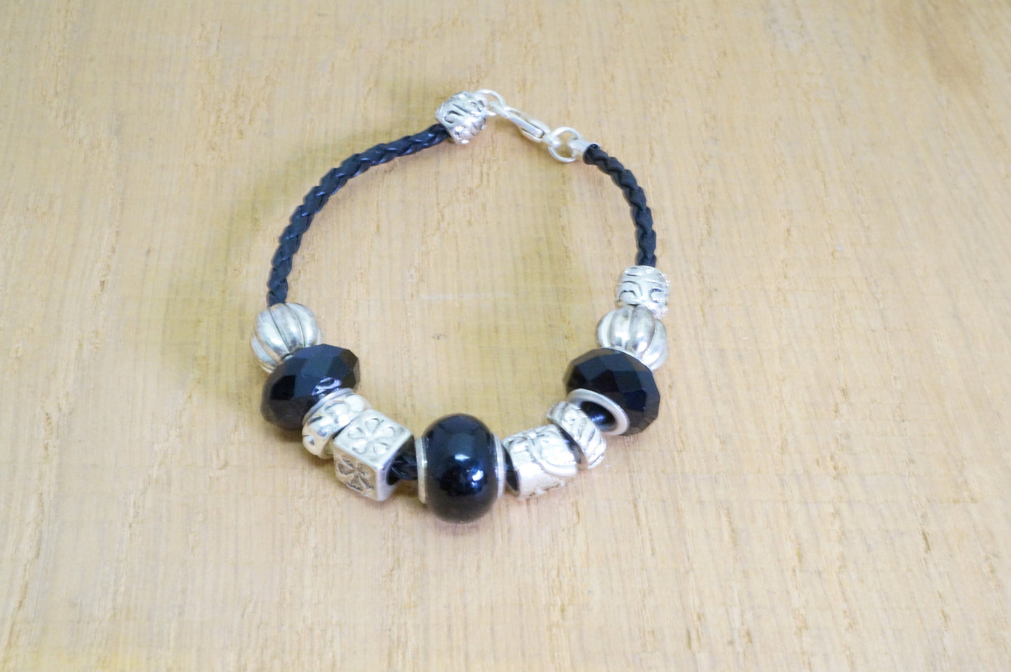 Faux Beaded Multi Silver Toned Charms Faux Braided Leather Bracelet Fashion Jewelry