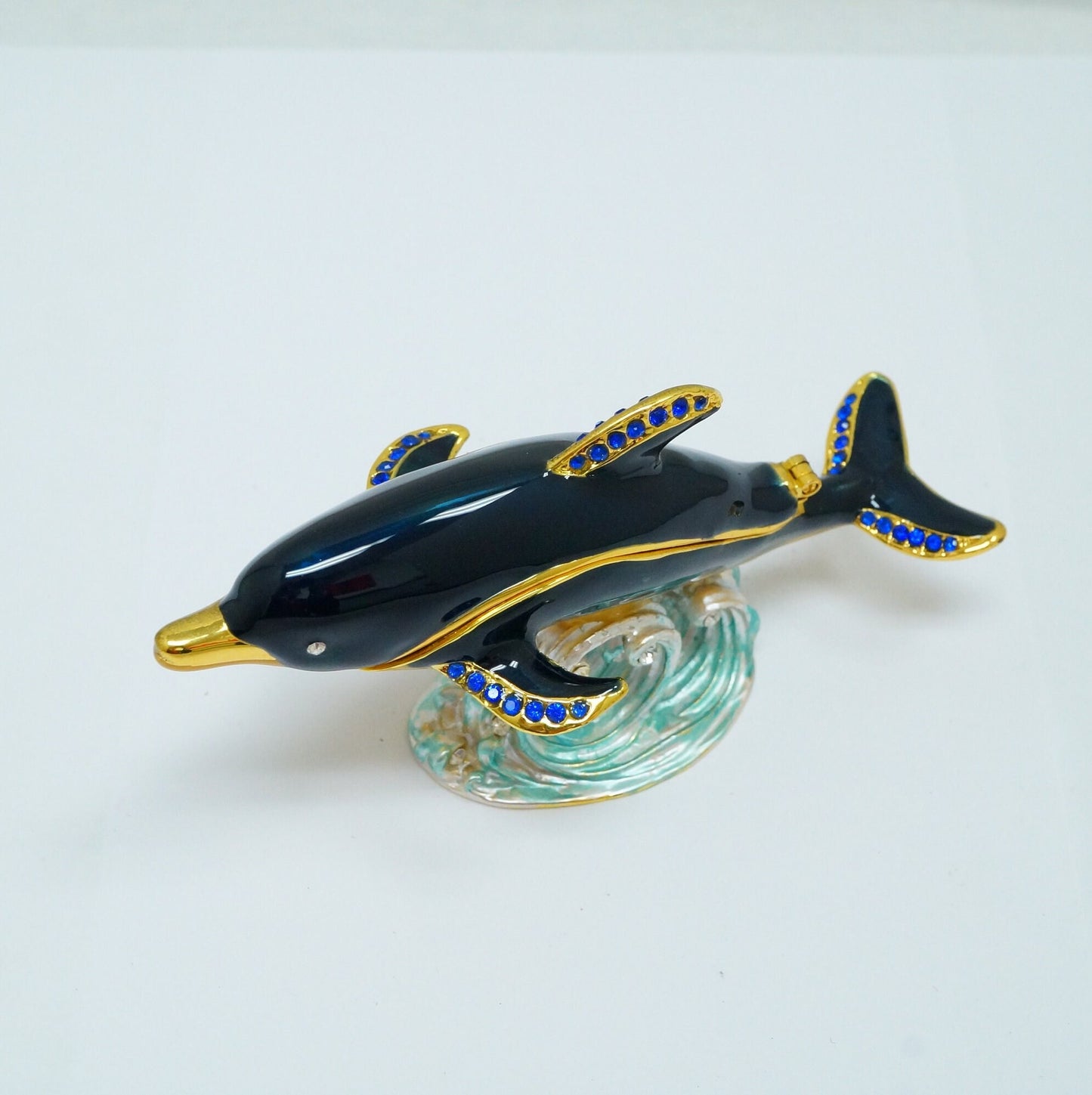 Vintage Swimming Dolphin Wave Jeweled Pewter Trinket 14K Gold Plated