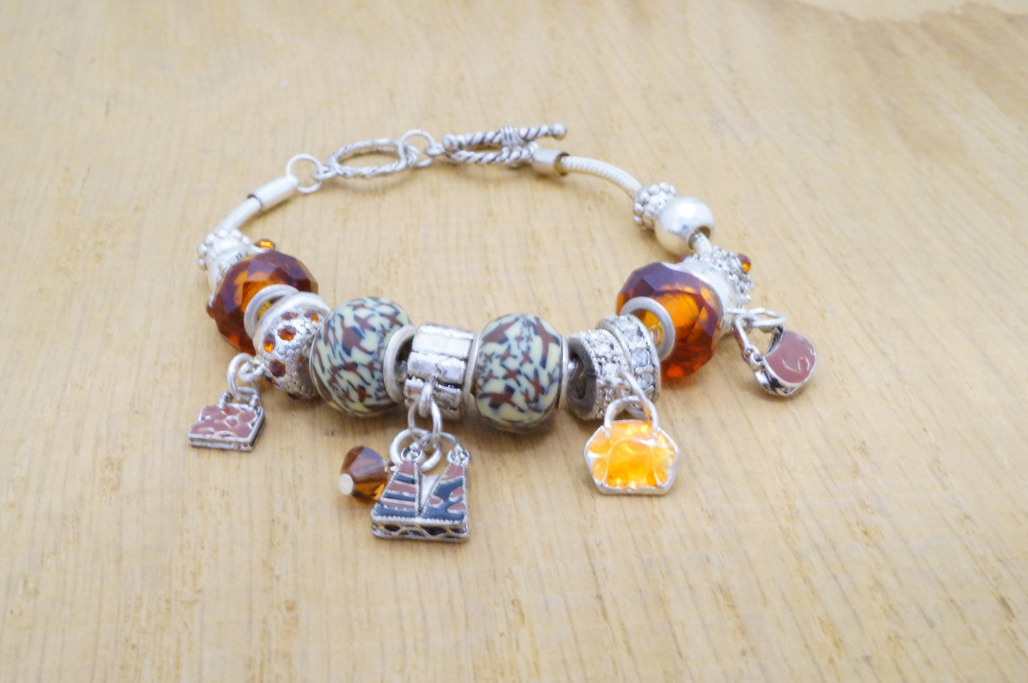 Faux Beaded Multi Charms Silver Toned Bracelet Fashion Jewelry