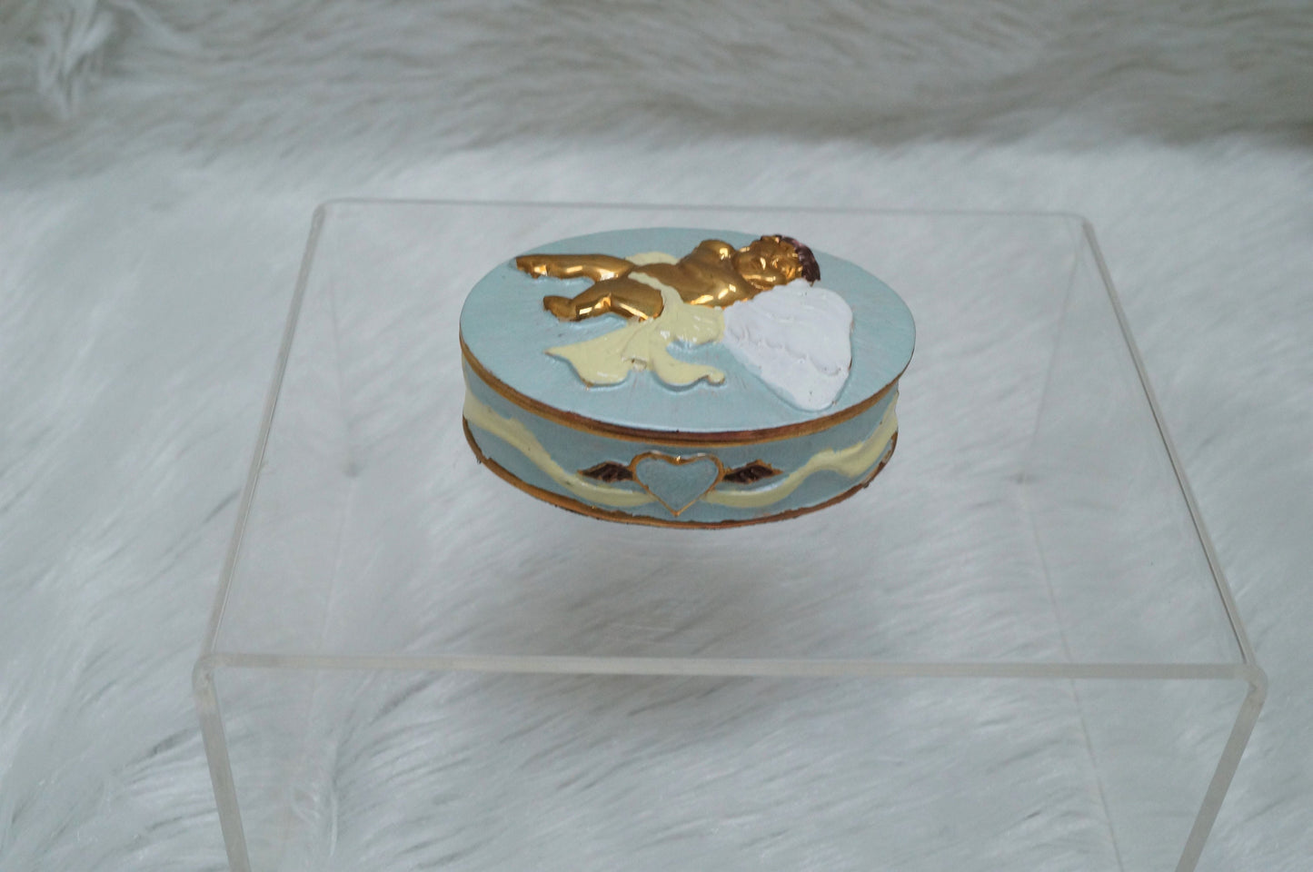 Vintage Sleeping Angel on Lid Oval Trinket Box Pewter