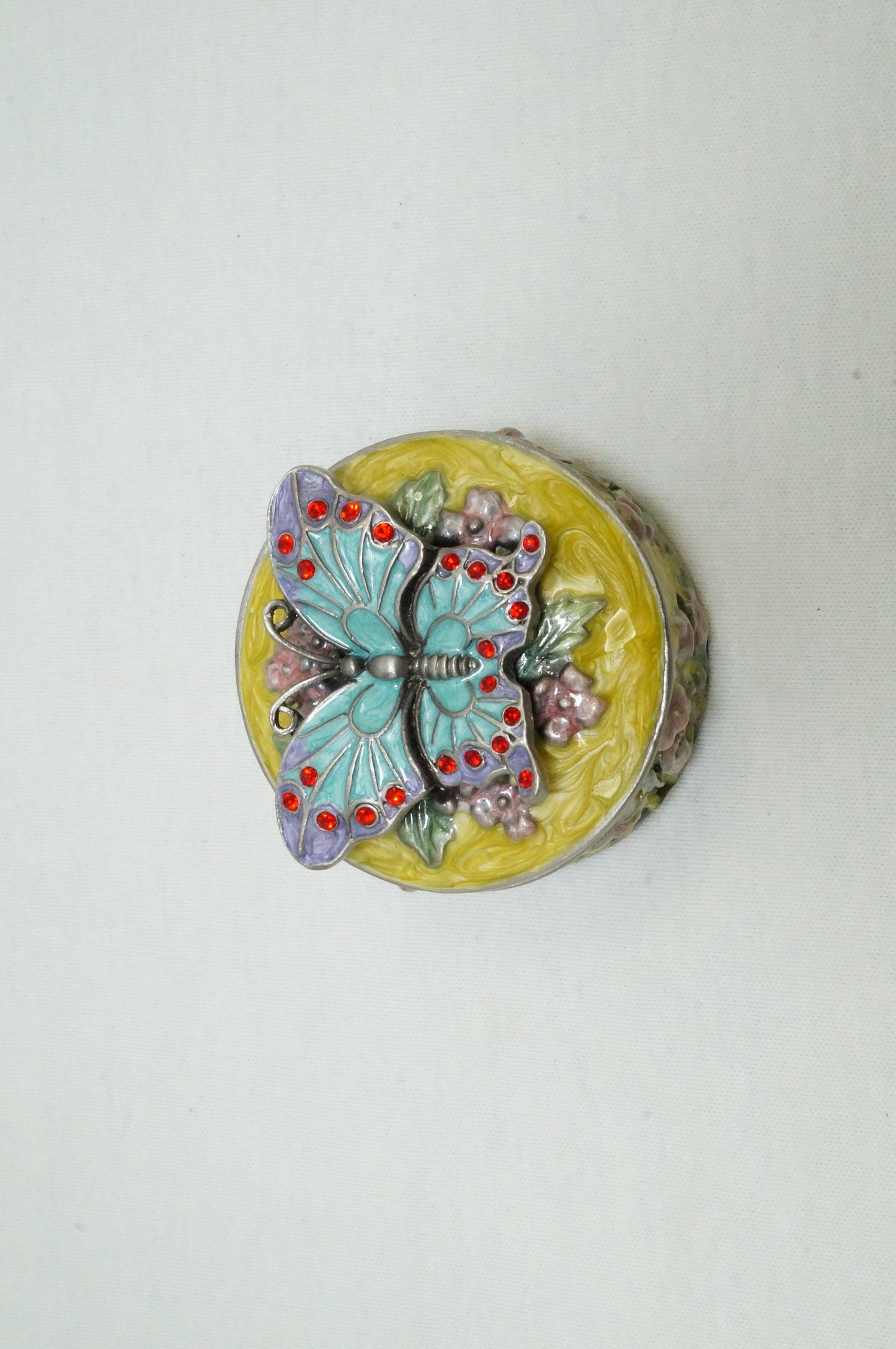 Vintage Round Floral Trinket with Butterfly on Lid Pewter Enamel Jeweled