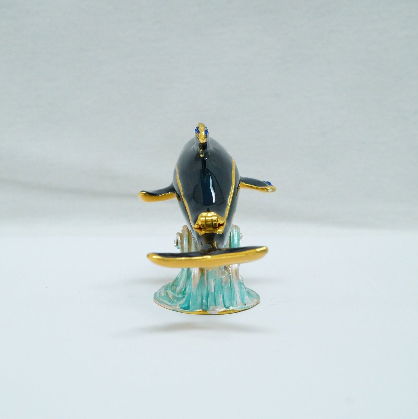 Vintage Swimming Dolphin Wave Jeweled Pewter Trinket 14K Gold Plated