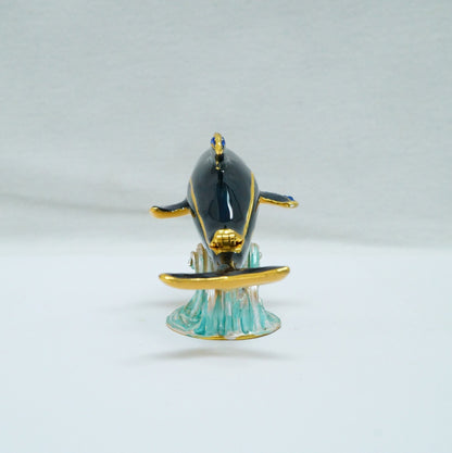 Vintage Swimming Dolphin Wave Jeweled Pewter Trinket 14K Gold Plated