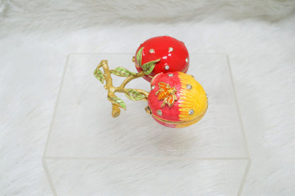Cristiani Collezione Cherries Shaped Trinket Box Pewter Enameled 14K Gold Plated