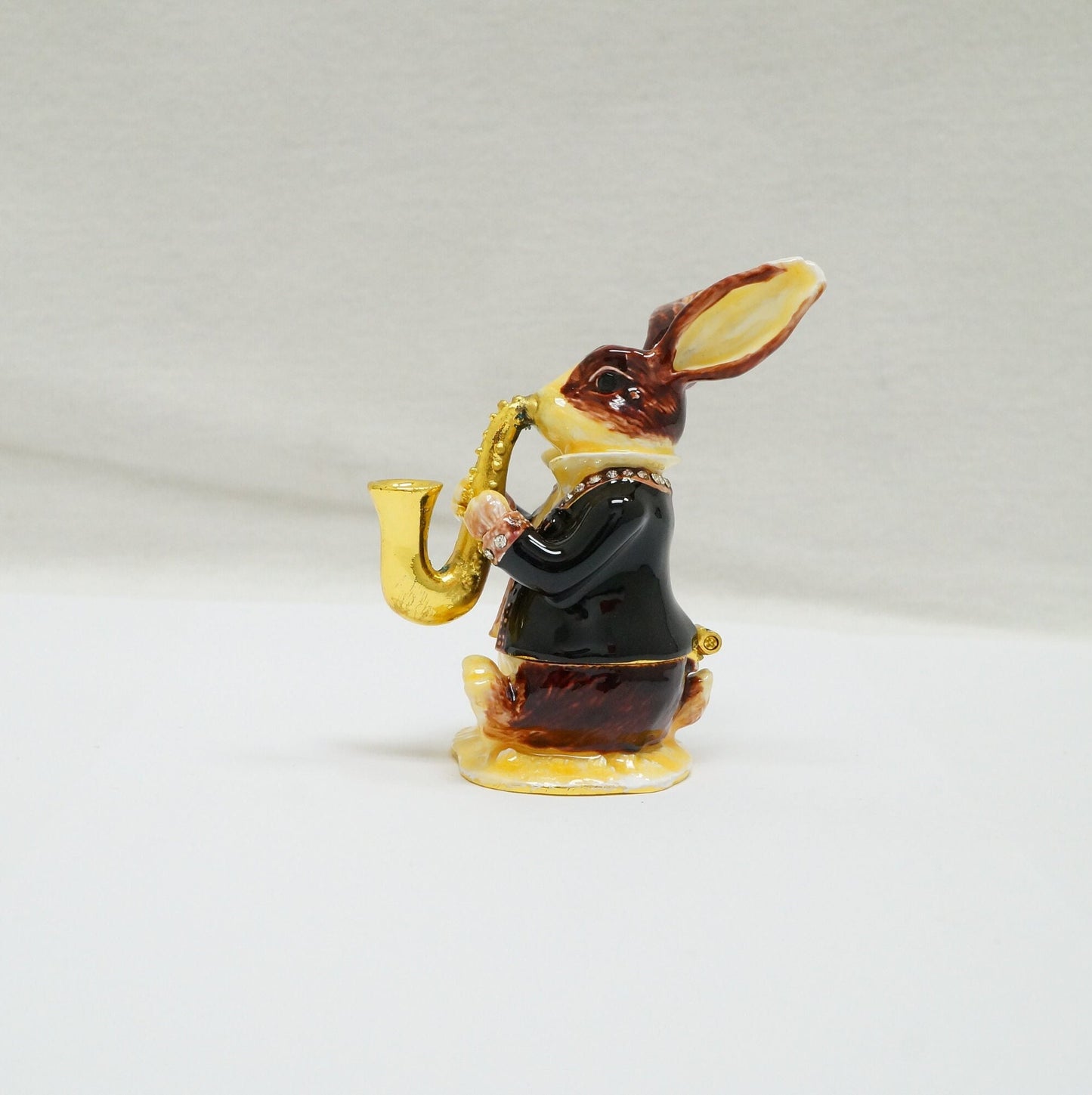 Vintage Rabbit playing the Saxophone Jeweled Pewter Trinket 14K Gold Plated