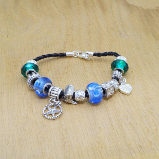 Faux Beaded Multi Silver Toned Charms Faux Braided Leather Bracelet Fashion Jewelry