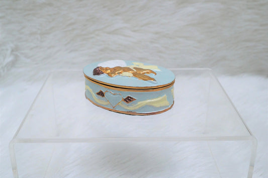 Vintage Sleeping Angel on Lid Oval Trinket Box Pewter