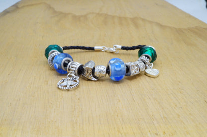 Faux Beaded Multi Silver Toned Charms Faux Braided Leather Bracelet Fashion Jewelry