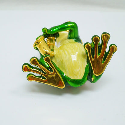 Vintage Frog Playing The Saxophone Jeweled Pewter Trinket 14K Gold Plated