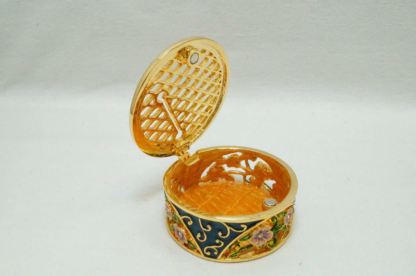 Cristiani Collezione Round Gold  Floral Trinket Box Pewter Enameled 14K Gold Plated