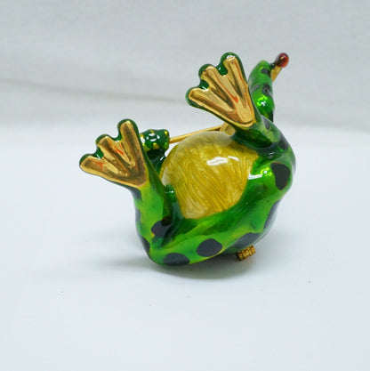 Vintage Frog With Crown Playing the Violin Jeweled Pewter Trinket 14K Gold Plated
