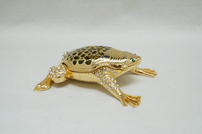 Vintage Gold Tone Jeweled Toad Frog Pewter Trinket Box figurine 14K Gold Plated