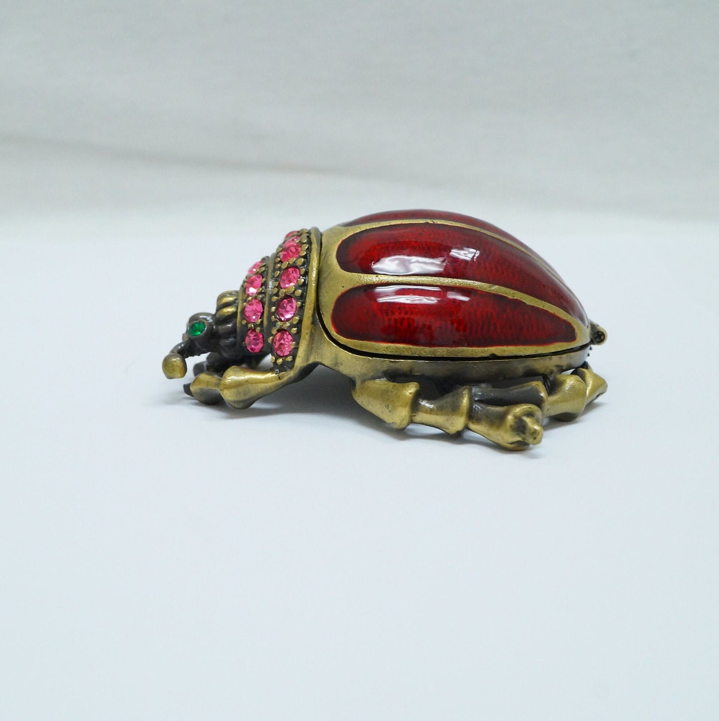 Vintage Bronze Red Beetle Bugs with Pink Green Jeweled Pewter Trinket