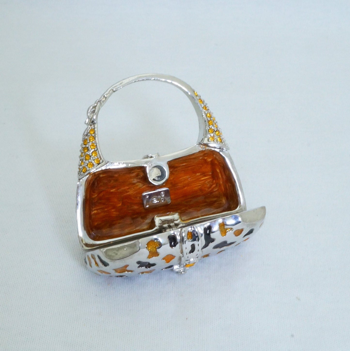 LAST PIECE - Vintage Silver Gold Brown Handbag Trinket Box Pewter Jeweled Enameled