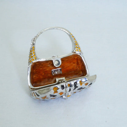 LAST PIECE - Vintage Silver Gold Brown Handbag Trinket Box Pewter Jeweled Enameled