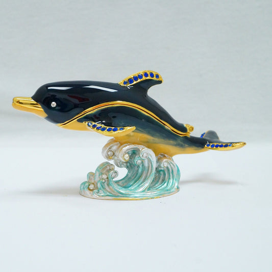 Vintage Swimming Dolphin Wave Jeweled Pewter Trinket 14K Gold Plated