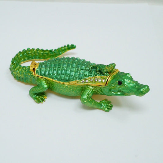 Cristiani Collezione Dad and Baby Green Jeweled Pewter Alligator Trinket 14K Gold Plated