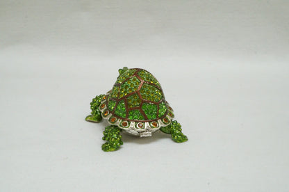 Cristiani Collezione Green Jeweled Turtle Trinket Box Pewter Enameled