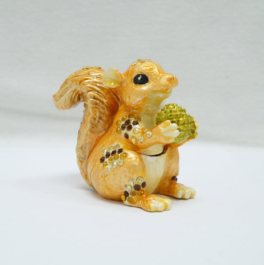 Vintage Orange Gold Squirrel Holding Acorn Jeweled Pewter Trinket 14K Gold Plated