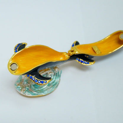 Vintage Swimming Dolphin Wave Jeweled Pewter Trinket 14K Gold Plated