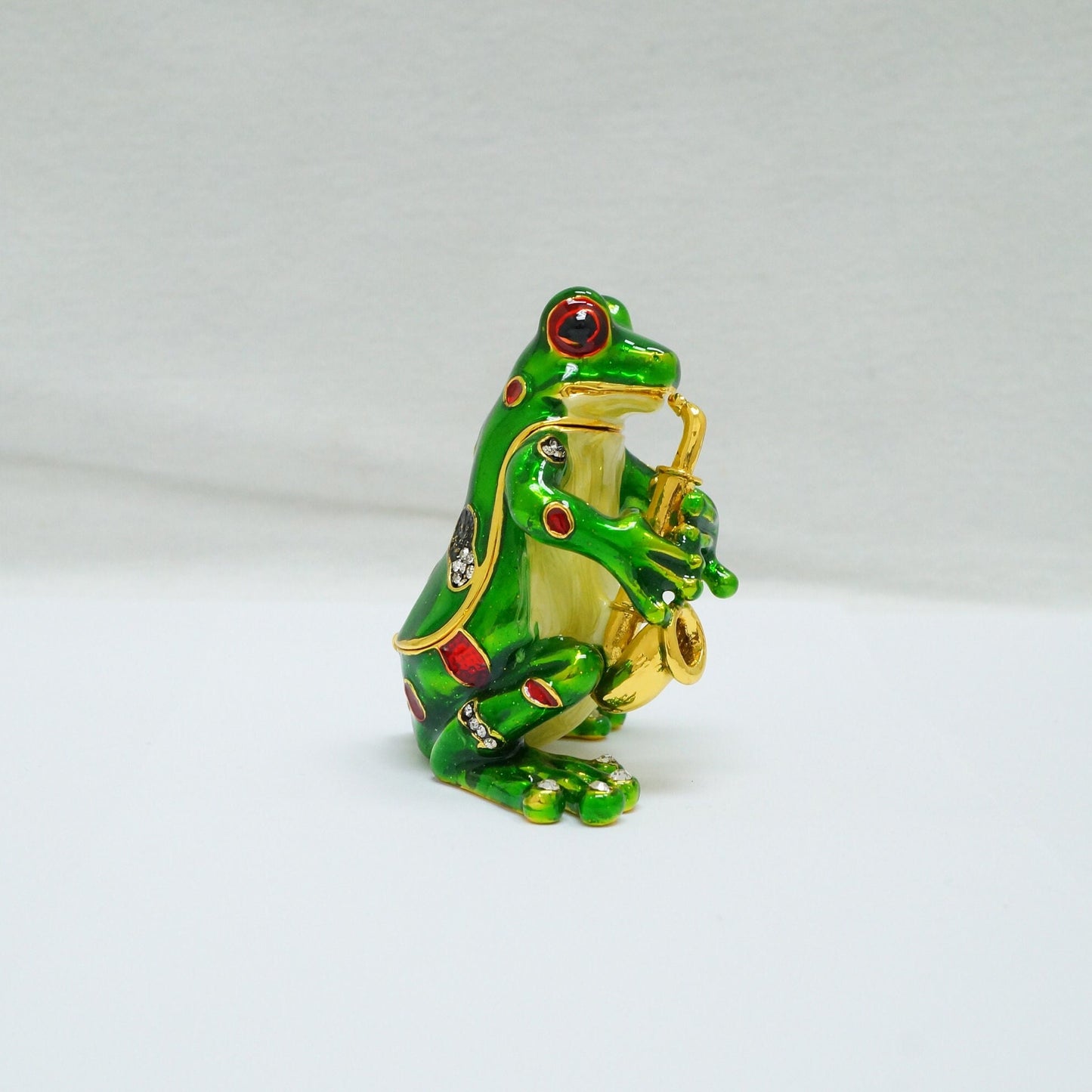 Vintage Frog Playing The Saxophone Jeweled Pewter Trinket 14K Gold Plated