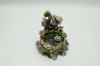 Bird and Flower Fountain Vintage Trinket Box Pewter Enameled
