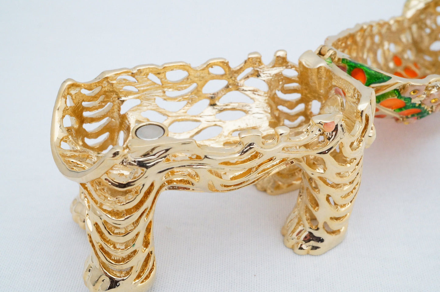 Cristiani Collezione Gold Floral Ornate Cut Out Pattern Elephant Trinket Pewter Jeweled Enameled