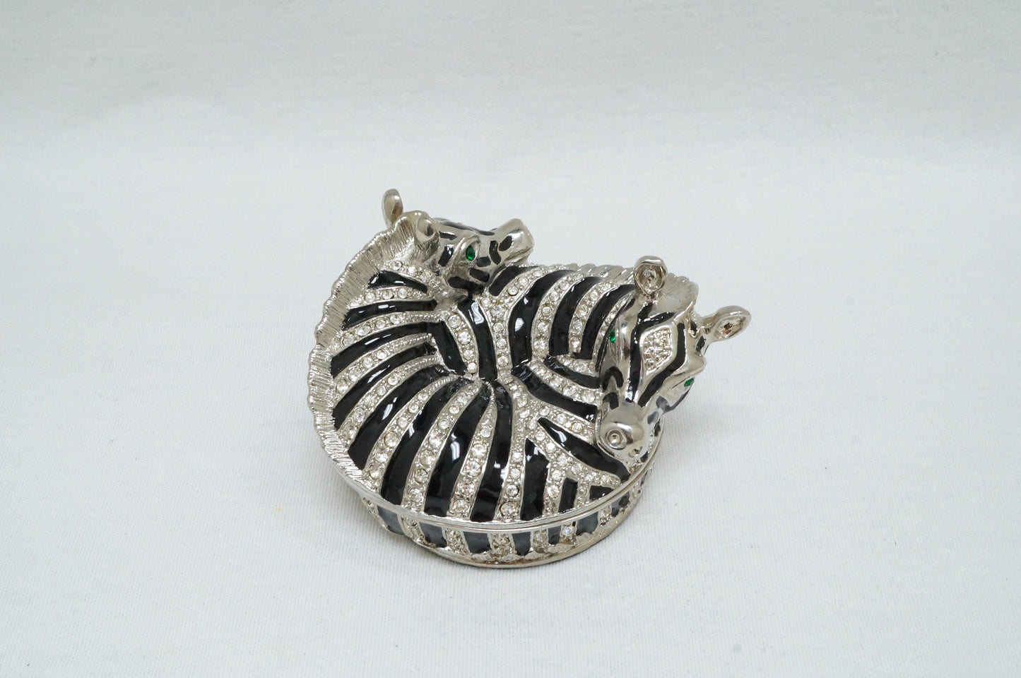 Cristiani Collezione Double Hugging Zebra Round Trinket Box Pewter Enameled Jeweled