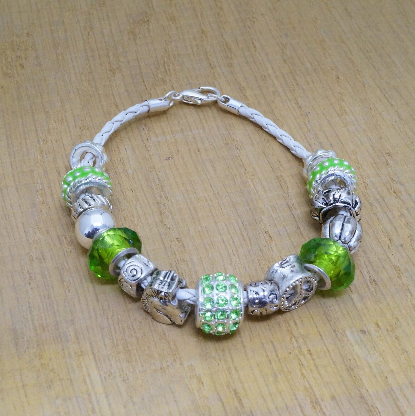 Faux Beaded Multi Silver Toned Charms Faux Braided Leather Bracelet Fashion Jewelry