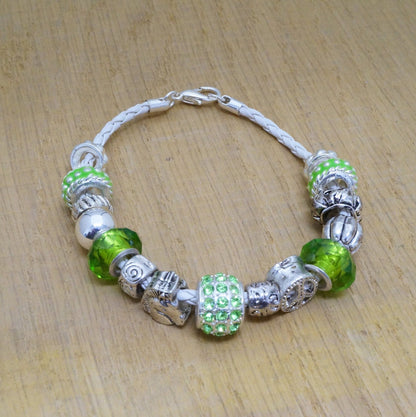 Faux Beaded Multi Silver Toned Charms Faux Braided Leather Bracelet Fashion Jewelry