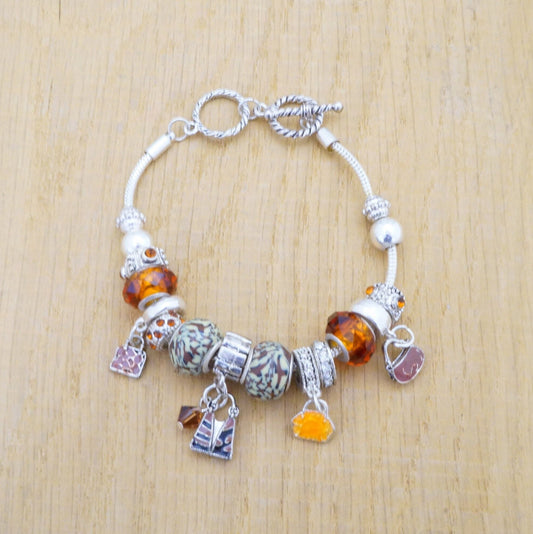 Faux Beaded Multi Charms Silver Toned Bracelet Fashion Jewelry