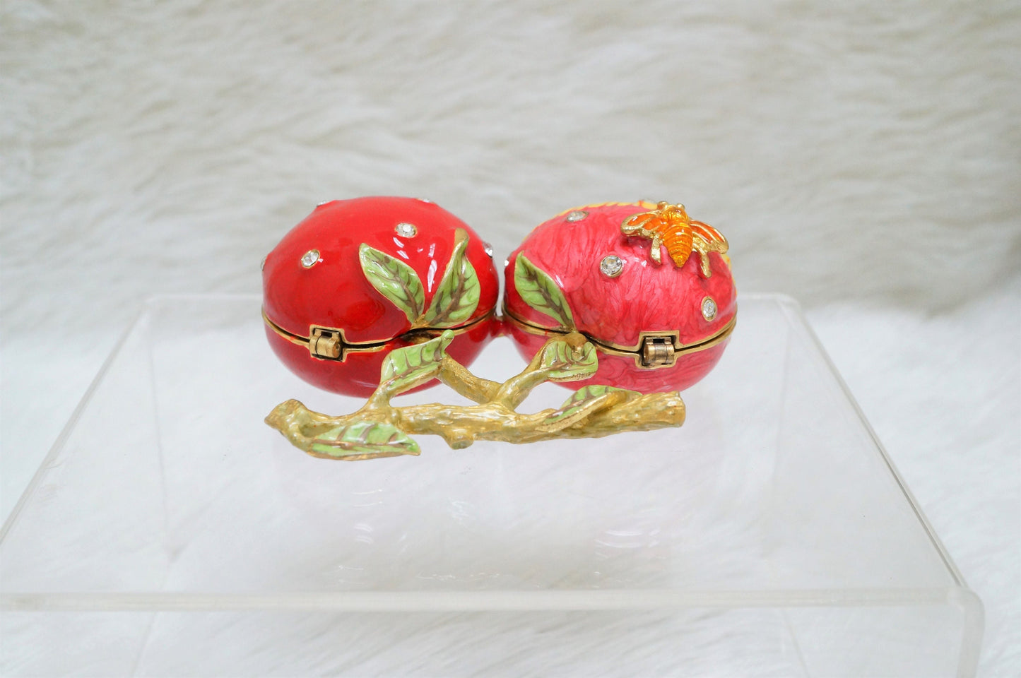 Cristiani Collezione Cherries Shaped Trinket Box Pewter Enameled 14K Gold Plated