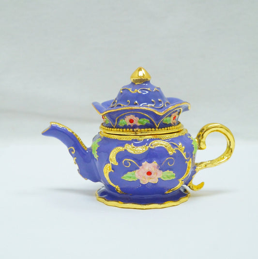 Cristiani Collezione Purple Gold Floral Design Jeweled Pewter Teapot Trinket 14K Gold Plated