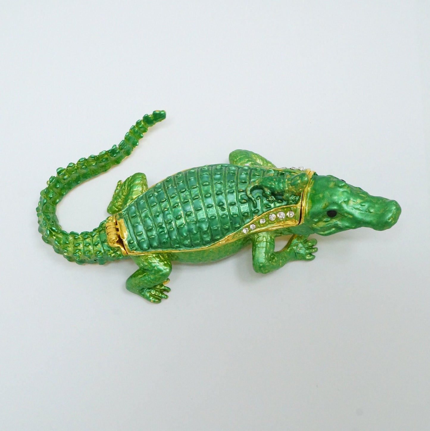 Cristiani Collezione Dad and Baby Green Jeweled Pewter Alligator Trinket 14K Gold Plated