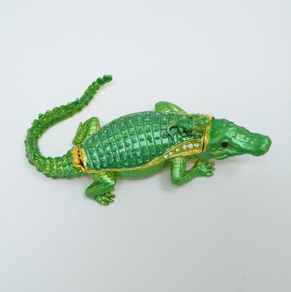 Cristiani Collezione Dad and Baby Green Jeweled Pewter Alligator Trinket 14K Gold Plated