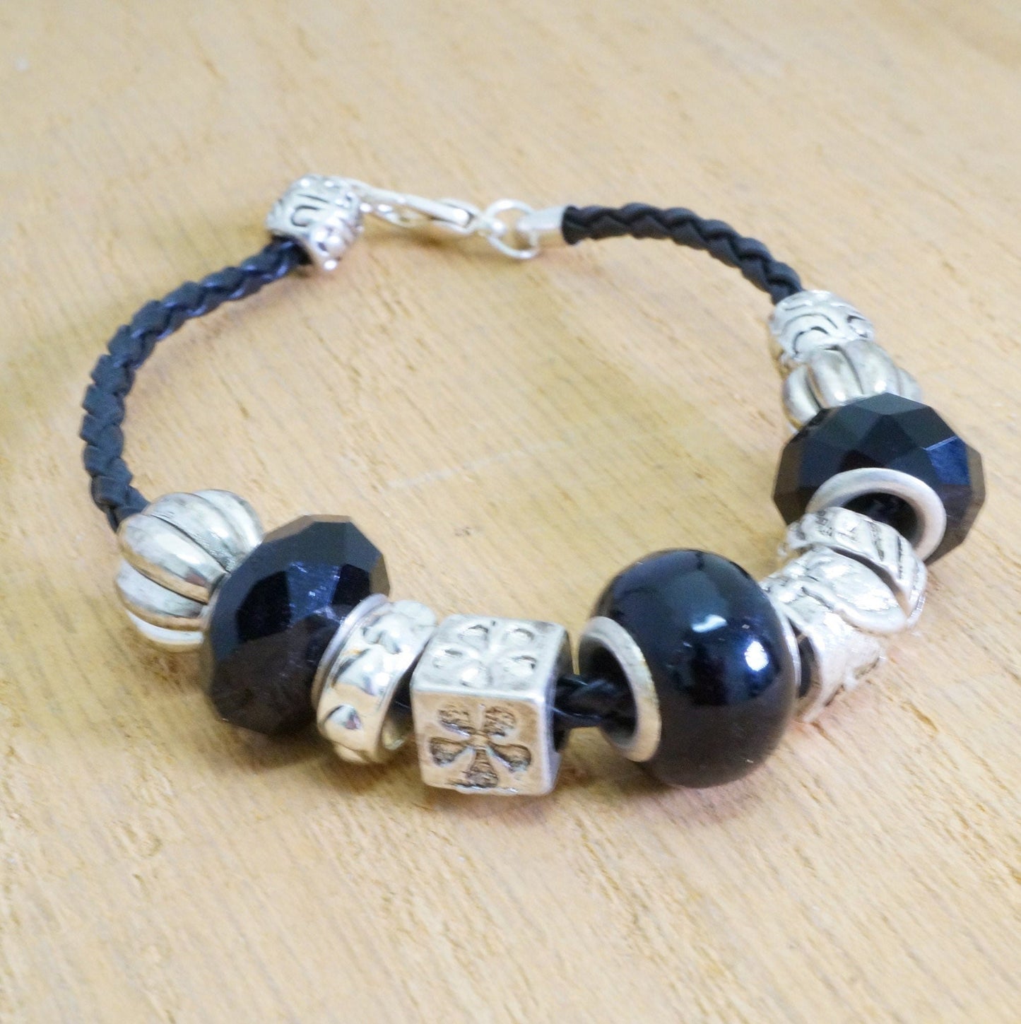 Faux Beaded Multi Silver Toned Charms Faux Braided Leather Bracelet Fashion Jewelry