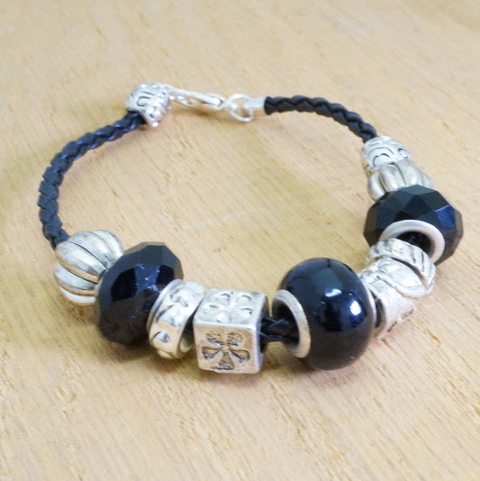 Faux Beaded Multi Silver Toned Charms Faux Braided Leather Bracelet Fashion Jewelry