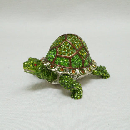 Cristiani Collezione Green Jeweled Turtle Trinket Box Pewter Enameled