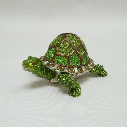 Cristiani Collezione Green Jeweled Turtle Trinket Box Pewter Enameled