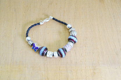 Faux Beaded Multi Silver Toned Charms Faux Braided Leather Bracelet Fashion Jewelry